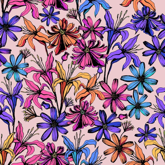 Flores coloridas Patrón decorativo sin costuras Fondo repetido Impresión de papel tapiz Enlosables