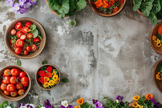 Foto flores comestíveis apartamento jardinagem flat lay