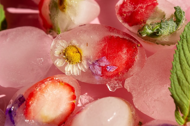 Flores comestíveis, morango e hortelã em forma de cubos de gelo em um fundo rosa, close-up.