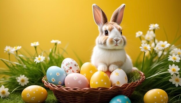 Flores de conejo de Pascua y huevos de colores sobre fondo amarillo plantilla de bandera feliz espacio de copia de Pascua