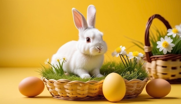 Flores de conejo de Pascua y huevos de colores sobre fondo amarillo plantilla de bandera feliz espacio de copia de Pascua