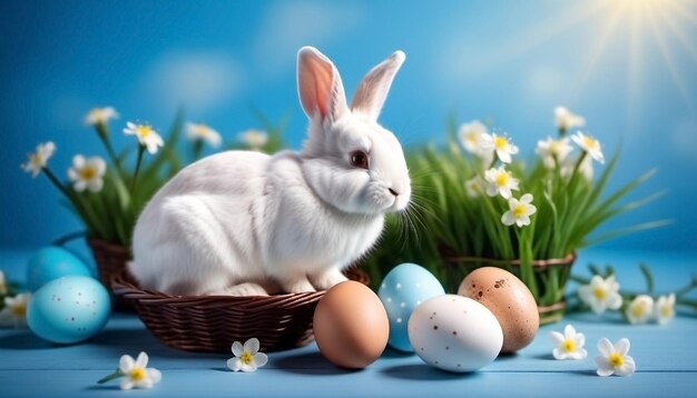 Flores de conejo de Pascua y huevos de colores sobre fondo azul Plantilla de pancarta de feliz espacio de copia de Pascua