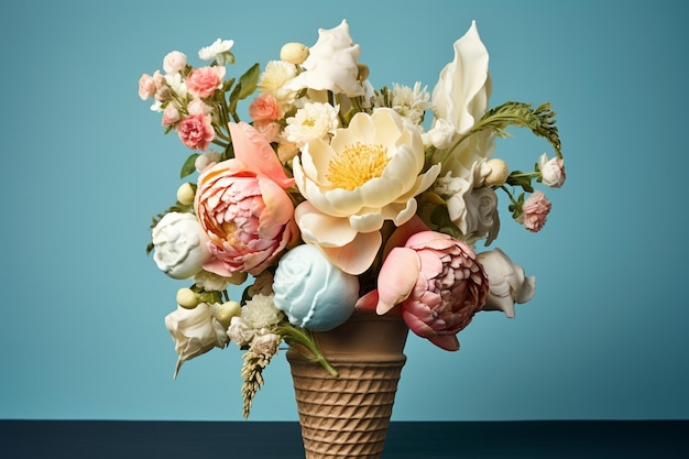 Flores en cono de helado en azul