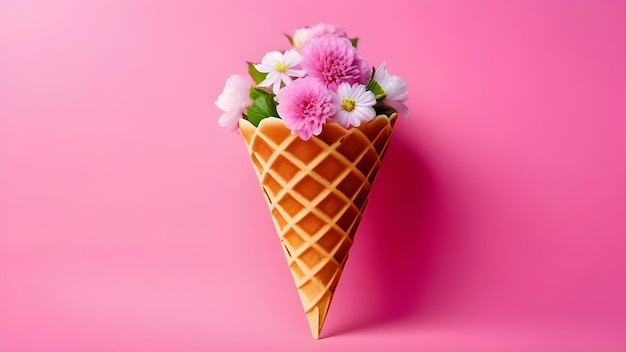 Foto flores en un cono de waffle de helado en un fondo rosa con espacio para el texto