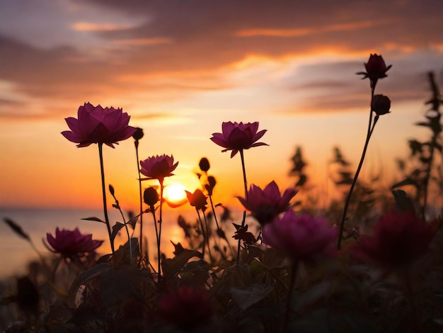 flores contra una puesta de sol vibrante