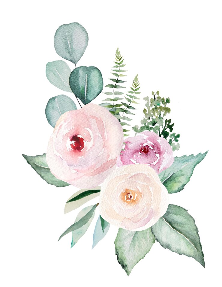 Foto flores cor-de-rosa claras em aquarela e ilustração de arranjo pastel de buquê de folhas verdes