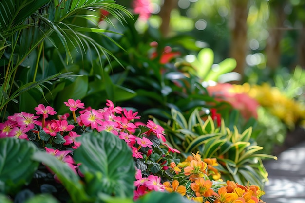 Foto flores cor-de-rosa e amarelas florescendo em jardins tropicais