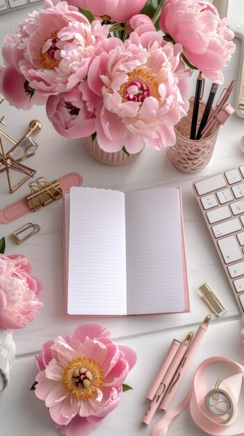 Flores cor-de-rosa e materiais de escritório numa mesa branca