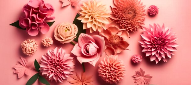 Flores cor de rosa e outras decorações estão em um fundo colorido em um fundo rosa claro