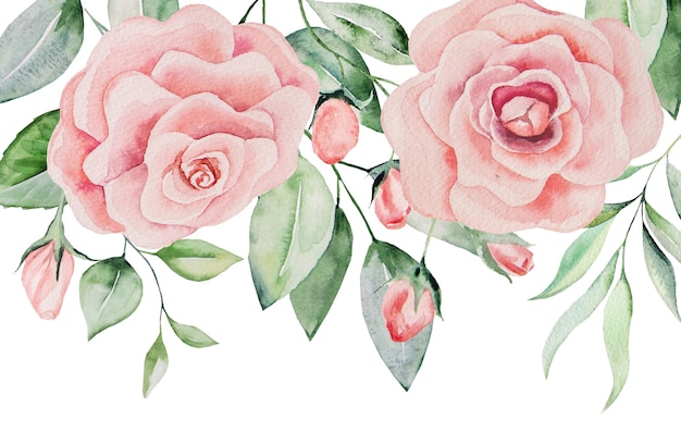 Flores cor de rosa em aquarela e folhas verdes cartão de fronteira, ilustração pastel romântica com fundo aquarela. para papel de carta de casamento, saudações, papel de parede, moda, pôsteres