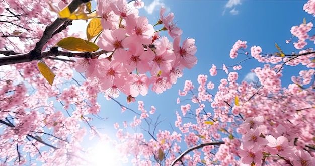 flores cor de rosa em flor sob um céu azul no estilo de fundo decorativo