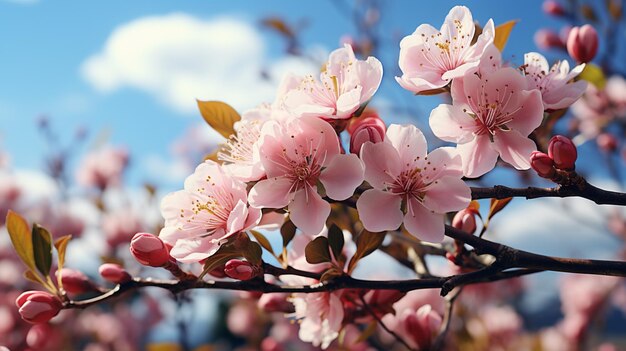 flores cor de rosa em galhos com um céu azul nublado