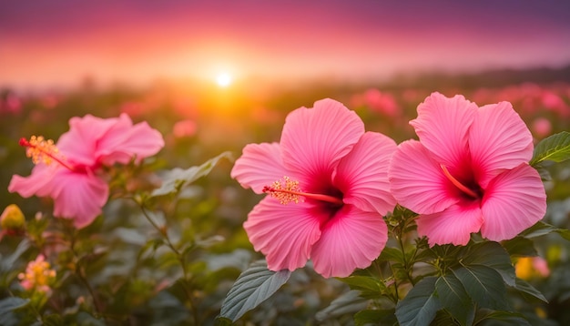 flores cor-de-rosa em um campo com pôr-do-sol no fundo