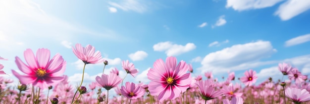 Flores cor-de-rosa em um campo no fundo do céu