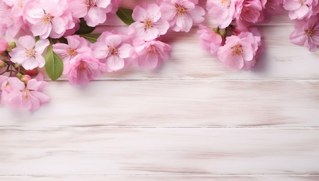Flores cor de rosa em um fundo branco de madeira