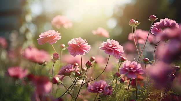 Flores cor de rosa em um jardim com o sol brilhando sobre elas