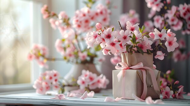 Flores cor-de-rosa em vaso no peitoral da janela GenerativeAI