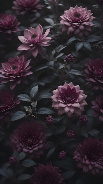 Flores cor-de-rosa escuras e mal-humoradas em um ambiente sombrio ao ar livre