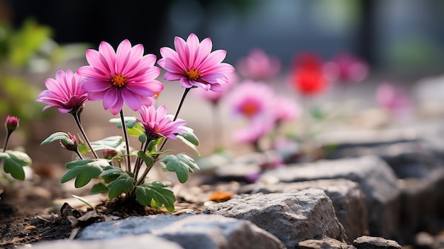 flores cor de rosa estão crescendo em um muro de pedra