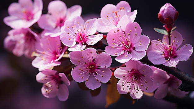 flores cor de rosa estão florescendo em um galho de uma árvore