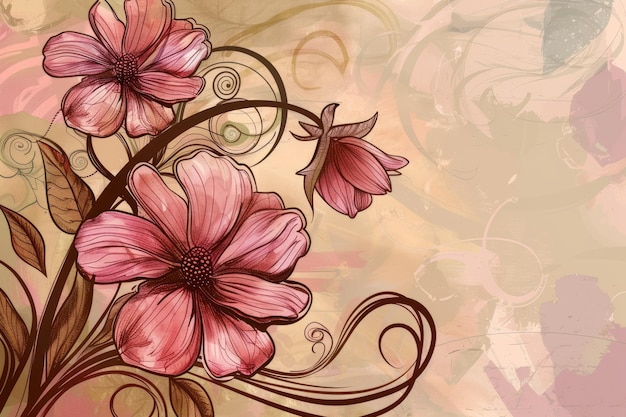Flores cor-de-rosa florescendo em um fundo abstrato giratório marrom e bege padrões giratórios e curvas envolvem as flores uma mistura de tons marrons e bege