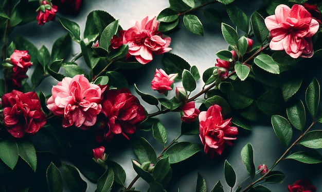 Flores cor de rosa junto com folhas verdes em um fundo branco