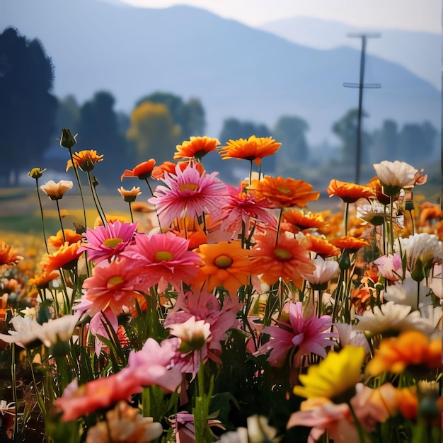 Flores cor-de-rosa, laranja e brancas em uma clareira com fundo manchado Flores em flor um símbolo da primavera, nova vida