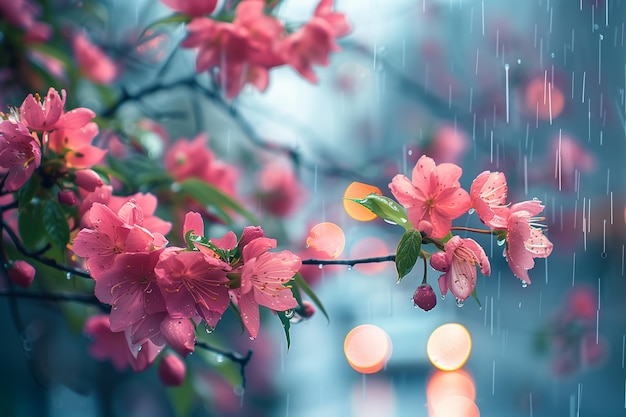 Flores cor-de-rosa no início da primavera nos galhos das árvores sob a chuva