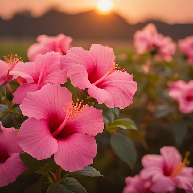 flores cor-de-rosa num campo ao pôr-do-sol