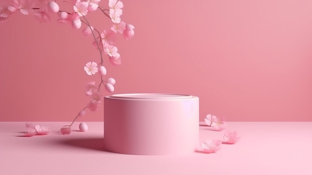 Flores cor-de-rosa Sakura caindo em uma exibição de pódio com uma tonalidade rosa gerada por IA