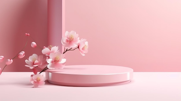 Flores cor-de-rosa Sakura caindo em uma exibição de pódio com uma tonalidade rosa gerada por IA