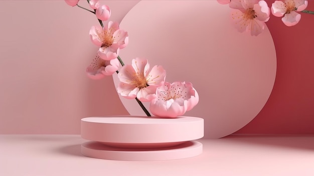 Flores cor-de-rosa Sakura caindo em uma exibição de pódio com uma tonalidade rosa gerada por IA