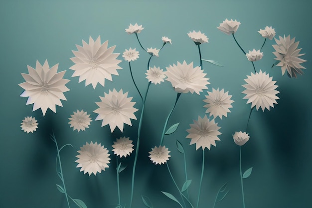 Flores cortadas de papel blanco con hojas verdes sobre fondo verde azul