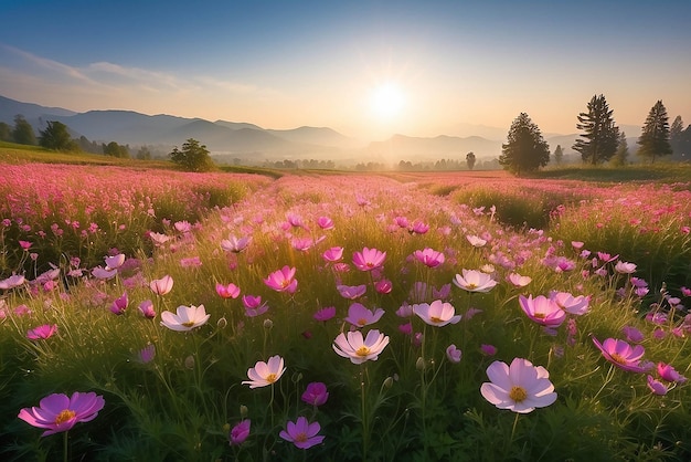 Las flores del cosmos en el campo bajo la luz del sol de la mañana