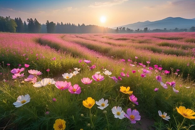 Las flores del cosmos en el campo bajo la luz del sol de la mañana