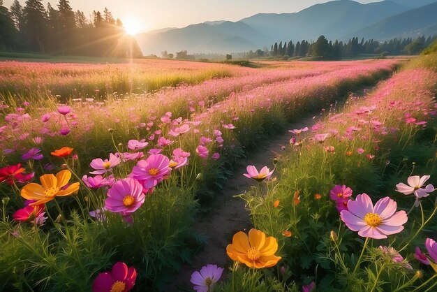 Las flores del cosmos en el campo bajo la luz del sol de la mañana