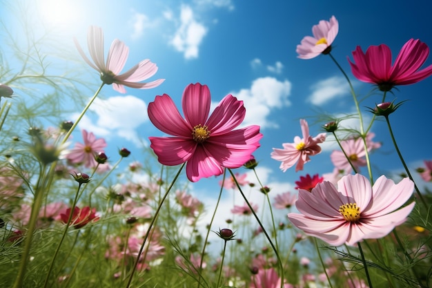 Flores del Cosmos en flor con un fondo de cielo azul