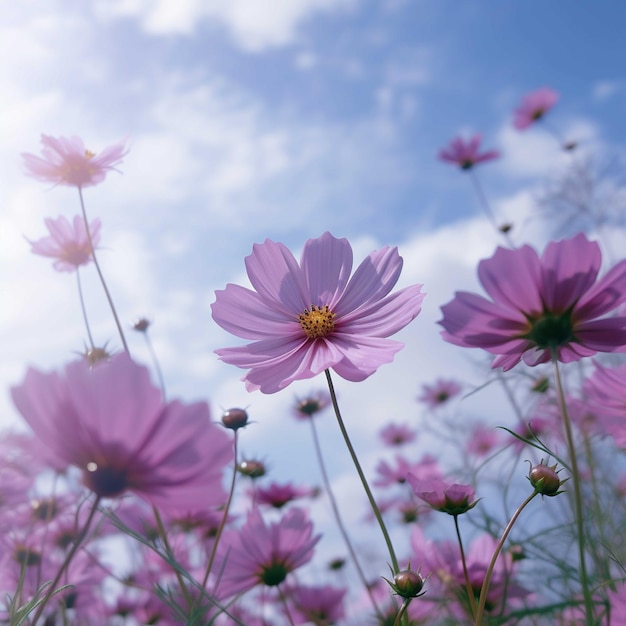 Flores de cosmos en el jardín con un enfoque suave en el cielo azul