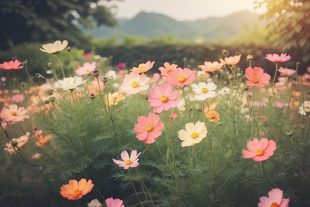 Flores del cosmos en el jardín con fondo de copyspace estilo vintage enfoque suave