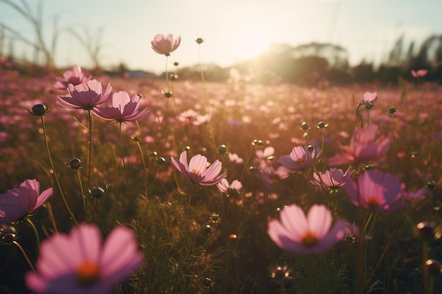 Flores del cosmos que florecen en el jardín al atardecer Fondo de naturaleza