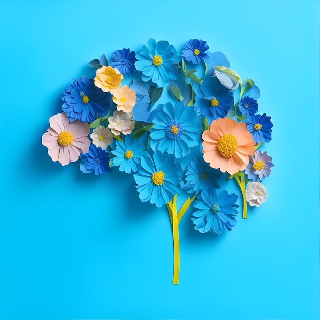 Las flores crecen del cerebro humano en un arte de papel de fondo azul IA generativa