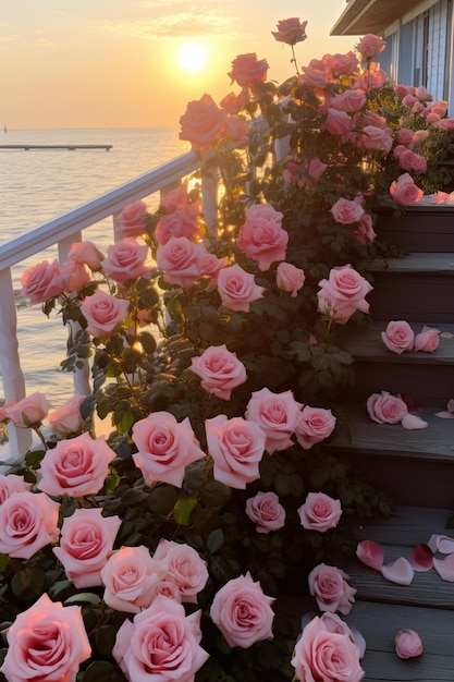 las flores crecen en los escalones de una casa junto al agua ai generativa