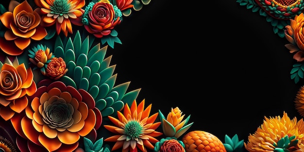 Flores criando uma moldura oval em um fundo escuro Dia festivo mexicano de los muertos fundo Fest