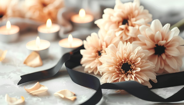 Foto flores de crisantemo con cinta funeraria negra y velas encendidas en un primer plano de fondo claro