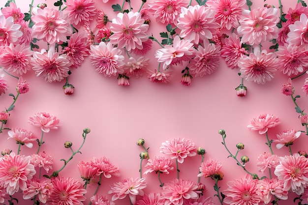 Flores de crisantemo rosado en un fondo rosado con espacio de copia para el texto