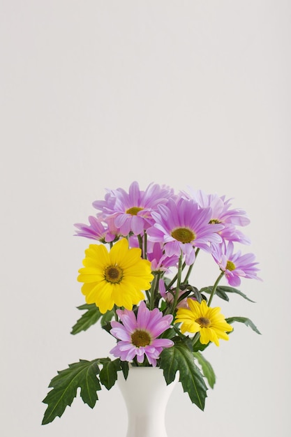 Flores de crisantemos en jarrón de cerámica sobre fondo blanco.