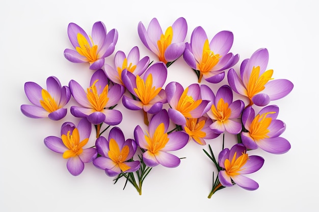 Flores de crocus de azafrán en un fondo blanco para el texto