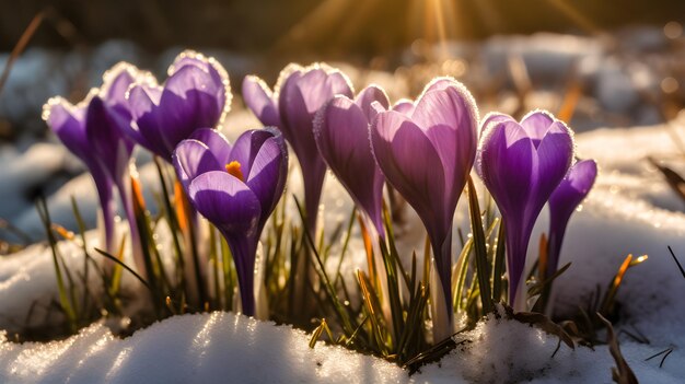 flores de crocus de primavera que crecen de la nieve