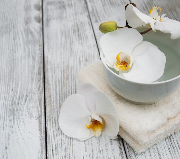 Flores da orquídea em uma tigela com água