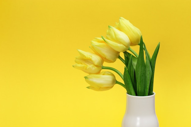 Flores da primavera de tulipa em vaso de cerâmica branca em amarelo com espaço de cópia